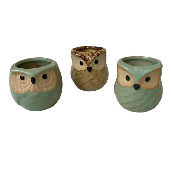 Pottery Owl Planter Mini Succulent Pots with Water Drain Hole- Set of 3 owls - Picture 1 of 12